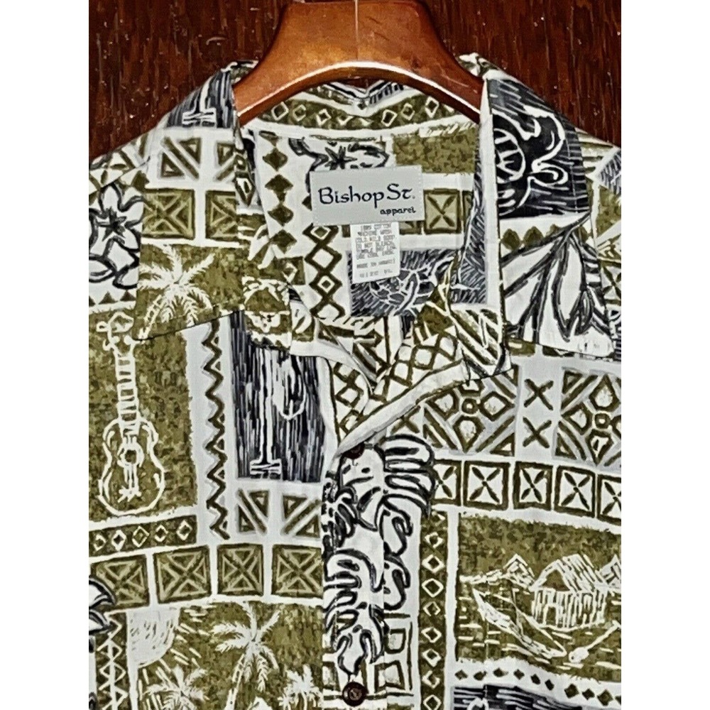BISHOP ST SHIRT WHITE GREEN HAWAIIAN TIKI COTTON SHORT SLEEVE XL